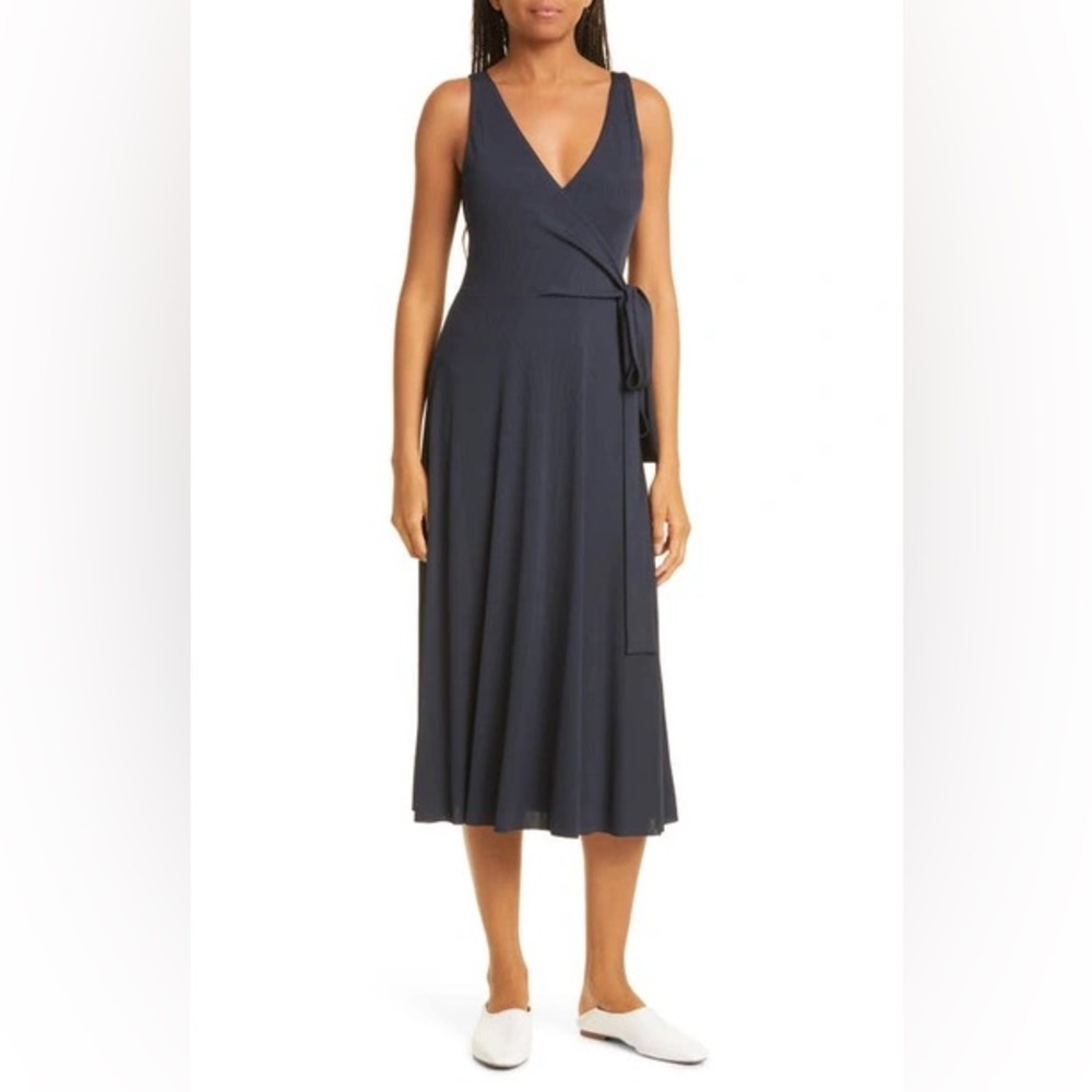 Club Monaco Navy V‑Neck Wrap Midi Dress with Side Tie